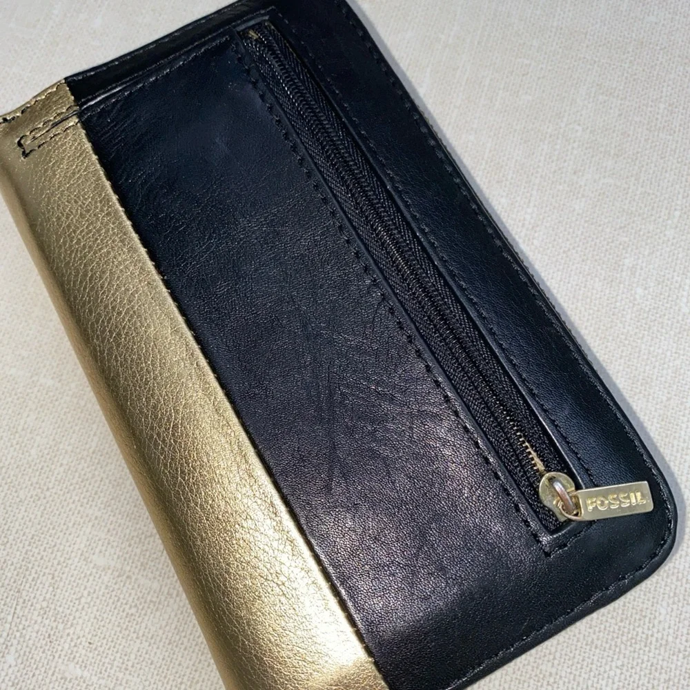 FOSSIL Gold‎ Black Leather Organizer Zip Wallet